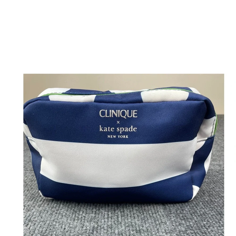Clinique x Kate Spade New York Navy Blue White Stripe Polka Dot Makeup Bag Pouch